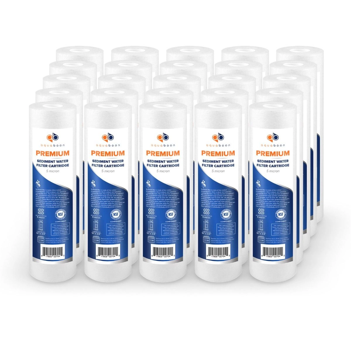 25 Pack Of Aquaboon Premium NSF CERTIFIED 5 Micron 10 x 2.5 Inch Sediment Water Filter Cartridge