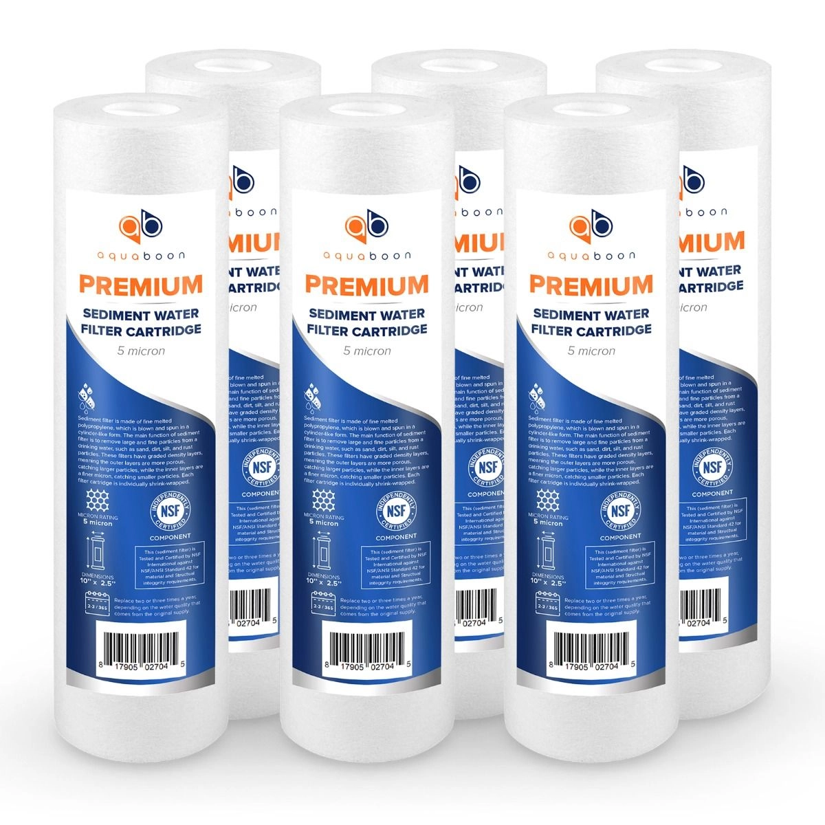 6 Pack Of Aquaboon Premium NSF CERTIFIED 5 Micron 10 x 2.5 Inch Sediment Water Filter Cartridge