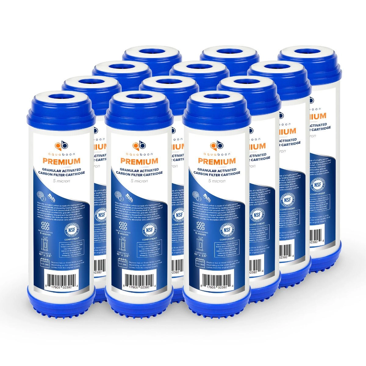 12 Pack Of Premium Aquaboon 5 Micron 10 x 2.5 Inch. GAC Water Filter Cartridge ABP-12G5M