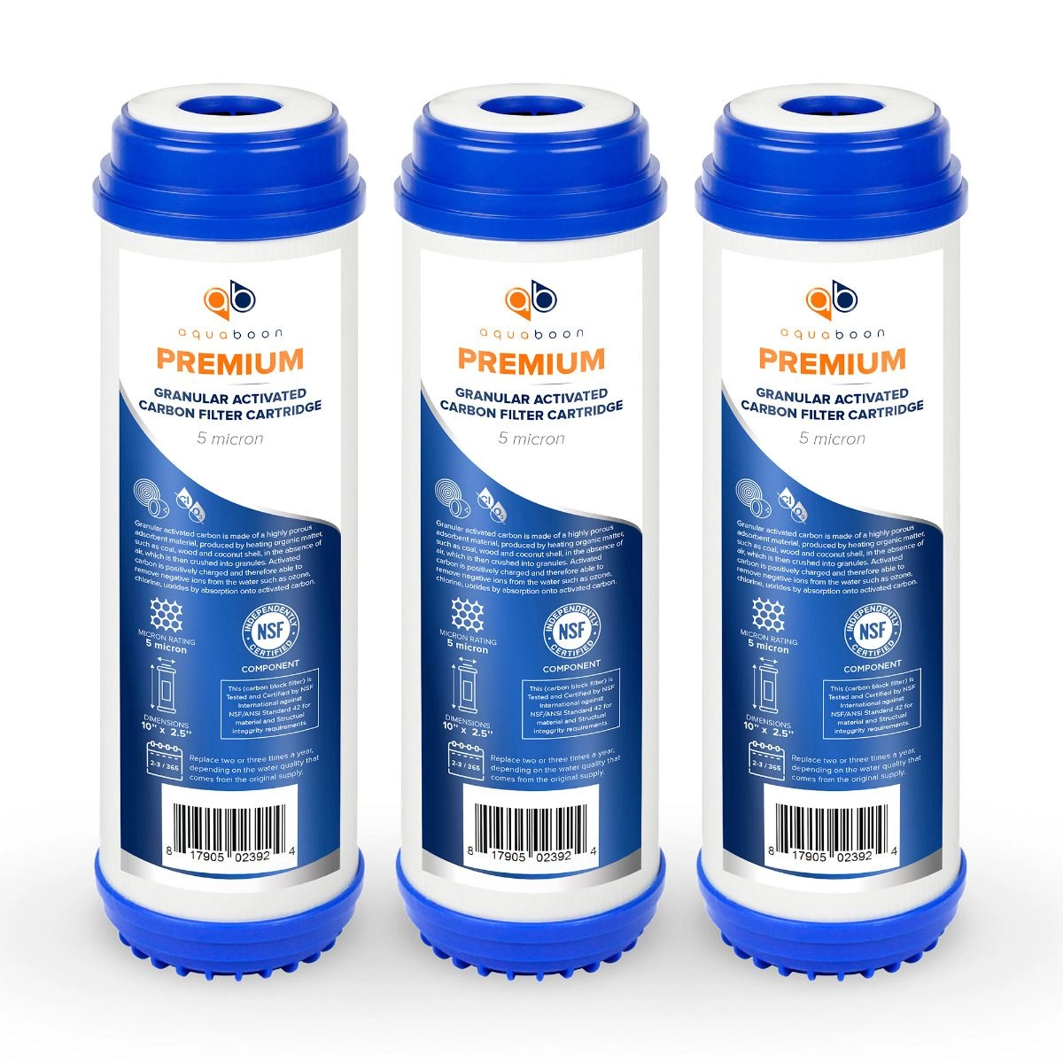 3 Pack Of Premium Aquaboon 5 Micron 10 x 2.5 Inch. GAC Water Filter Cartridge ABP-3G5M