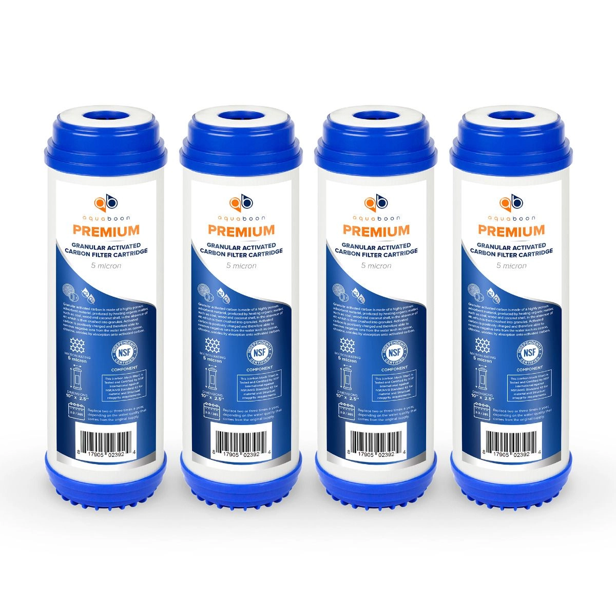 4 Pack Of Premium Aquaboon 5 Micron 10 x 2.5 Inch. GAC Water Filter Cartridge ABP-4G5M