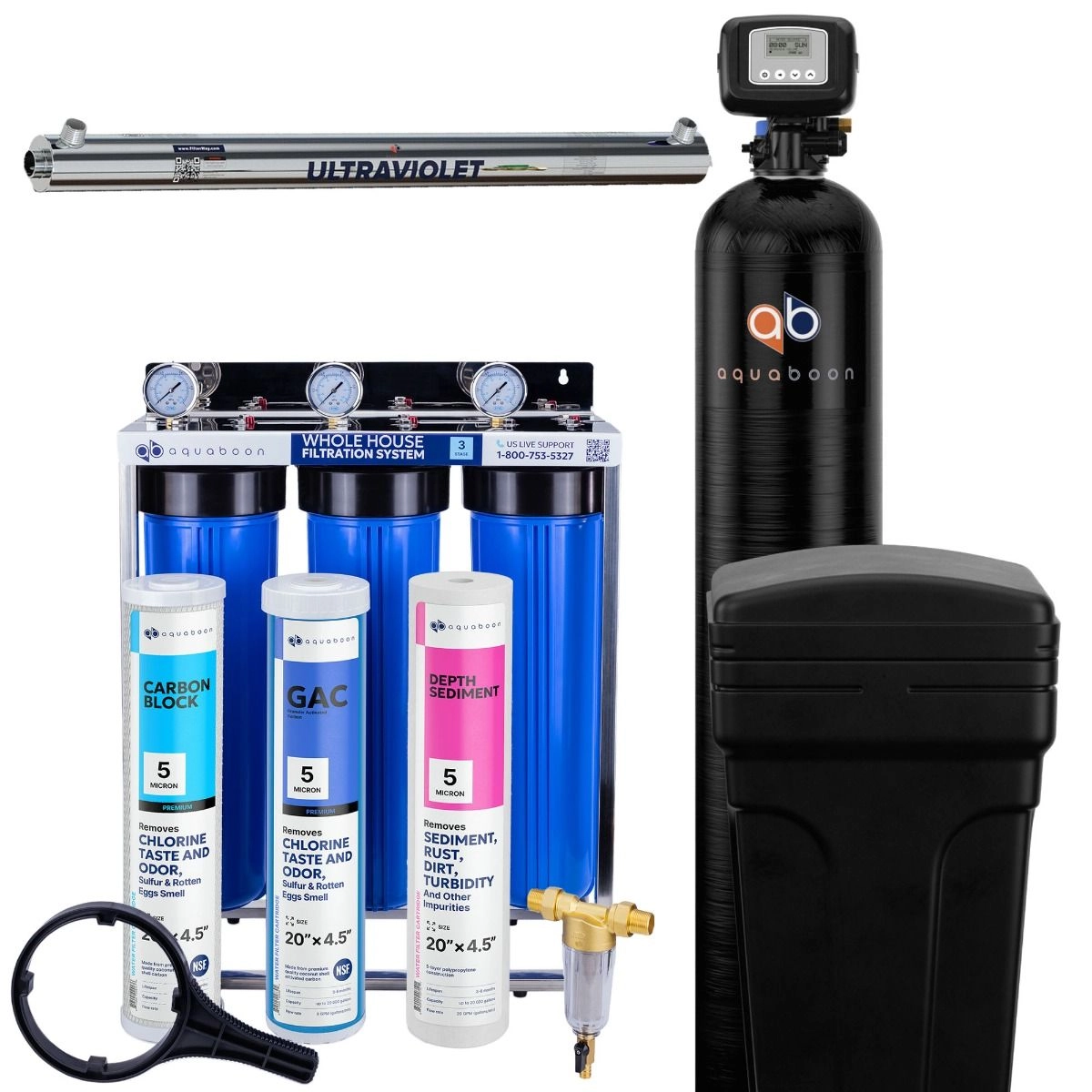 Promo set includes: 3-Stage 20 inch water filtration system, 50 micron pre-filter, 48000 grain water softener and UV lamp