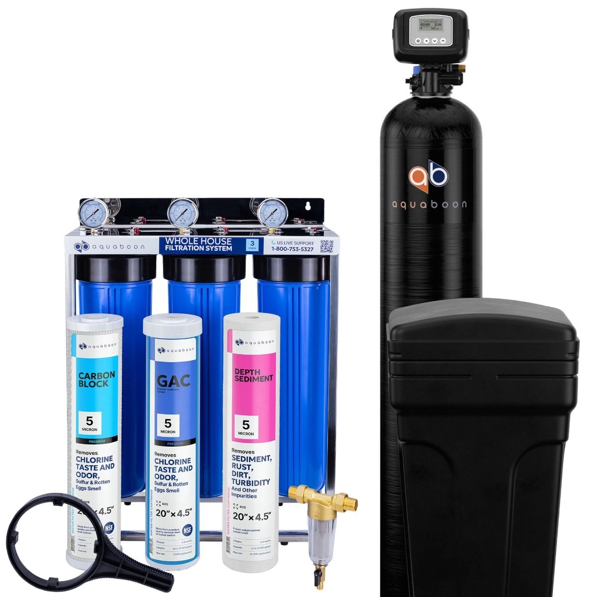 Promo set includes: 3-Stage 20 inch water filtration system, 50 micron pre-filter, 48000 grain water softener