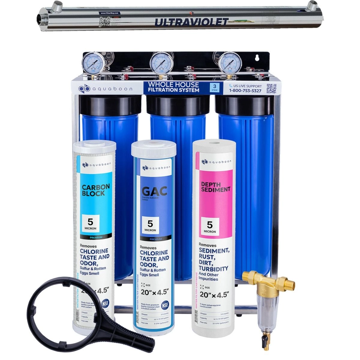 Promo set includes: 3-Stage 20 inch water filtration system, UV lamp