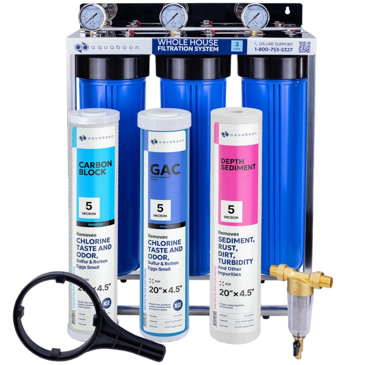 Promo set Includes: 3-Stage 20 inch water filtration system, 50 micron pre-filter