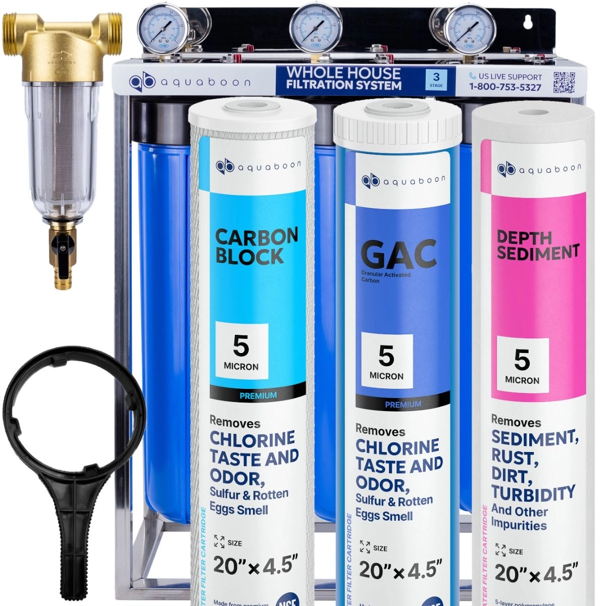 Chlorine Taste And Odor Filtration 3-Stage 20" Whole House Water Filtration System by Aquaboon On Stainless Steel Stand SKU: AB-3WHS20BB-1C20BB5MP-1G20BB5M-1S20BB5M