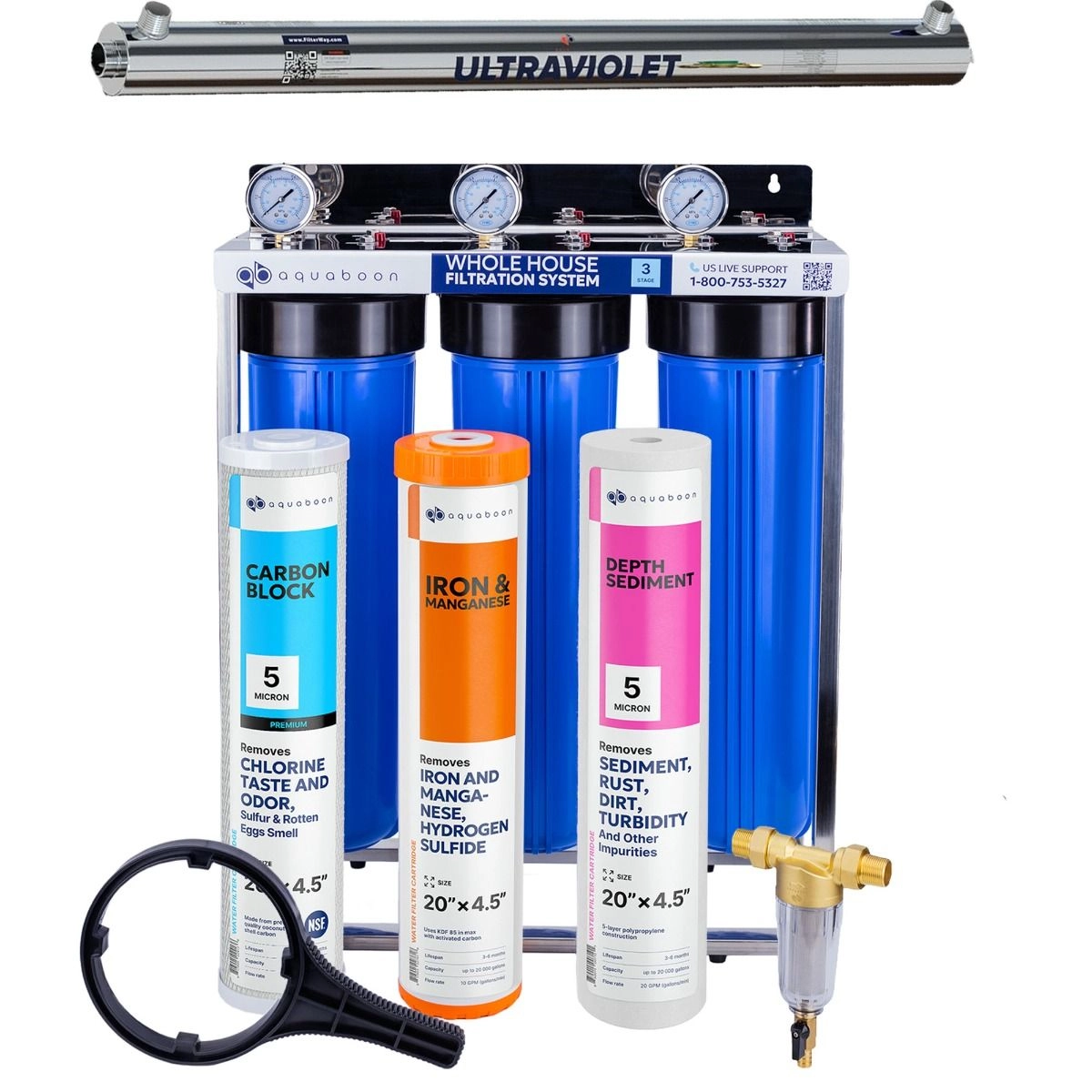 Promo set includes: 3-Stage 20 inch water filtration system, 50 micron pre-filter, UV lamp
