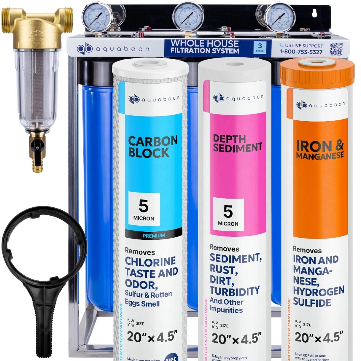 3-Stage 20" Whole House Water Filtration System by Aquaboon For Iron And Manganese Filtration On Stainless Steel Stand SKU: AB-3WHS20BB-1C20BB5MP-1IRM20BB-1S20BB5M