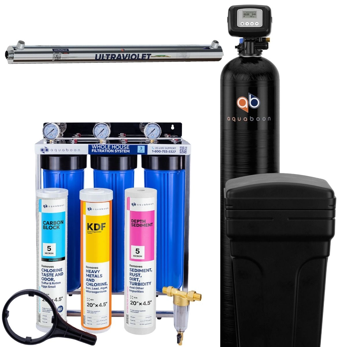 Promo set includes: 3-Stage 20 inch water filtration system, 50 micron pre-filter, 48000 grain water softener and UV lamp