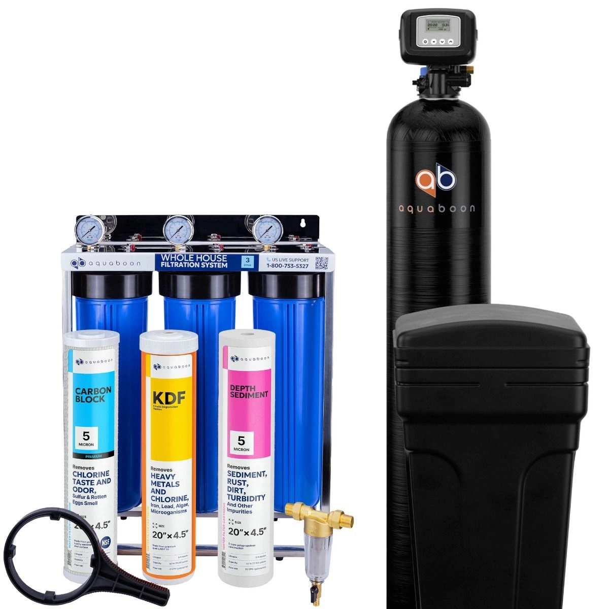 Promo set includes: 3-Stage 20 inch water filtration system, 50 micron pre-filter, 48000 grain water softener