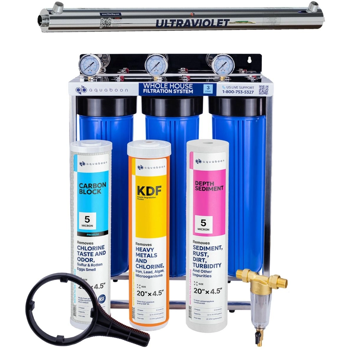 Promo set includes: 3-Stage 20 inch water filtration system, 50 micron pre-filter, UV lamp