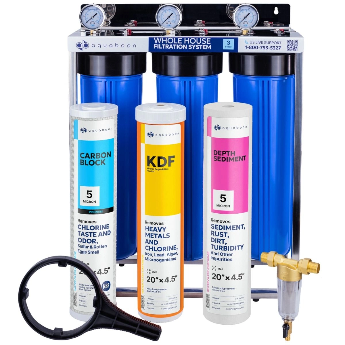 Promo set includes: 3-Stage 20 inch water filtration system, 50 micron pre-filter