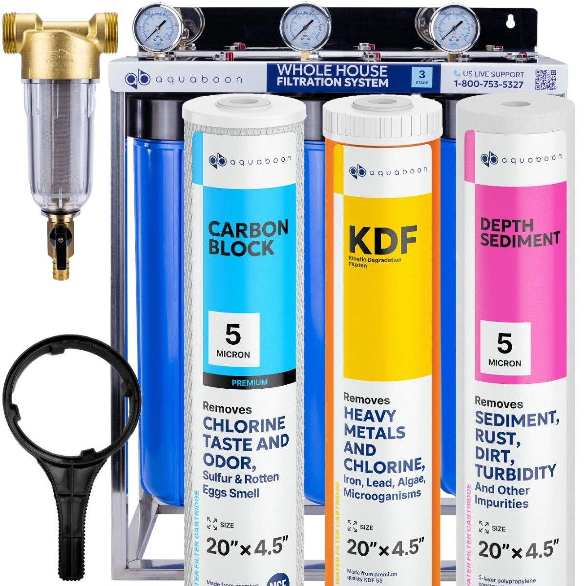 Heavy Metals And Chlorine Filtration 3-Stage 20" Whole House Water Filtration System by Aquaboon For On Stainless Steel Stand SKU: AB-3WHS20BB-1C20BB5MP-1K20BB-1S20BB5M