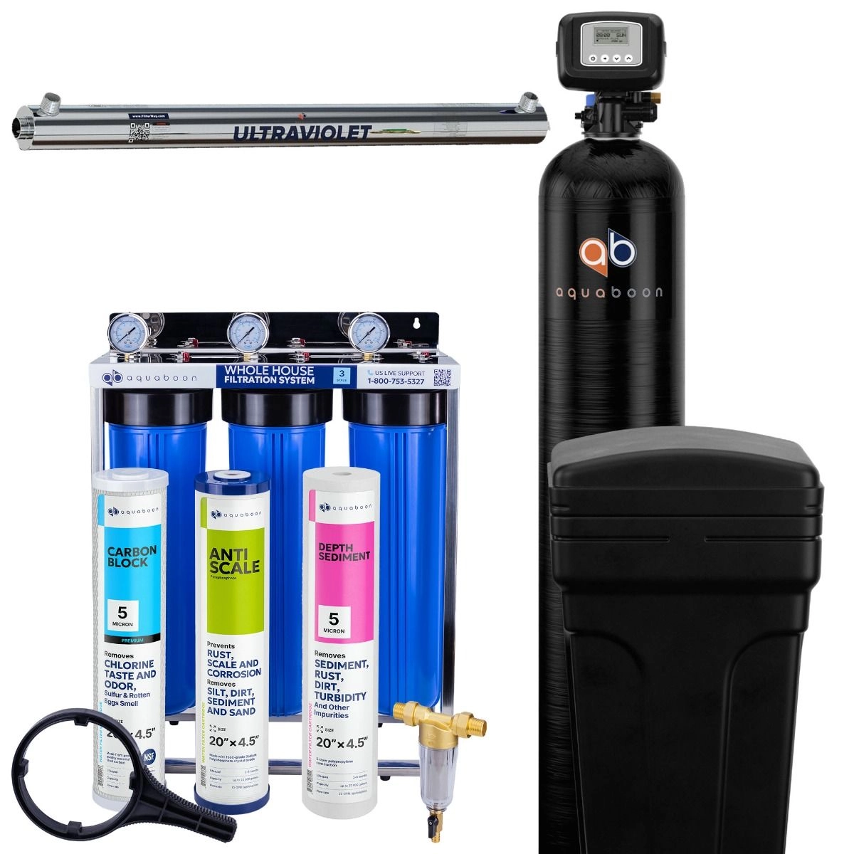 Promo set includes: 3-Stage 20 inch water filtration system, 50 micron pre-filter, 48000 grain water softener and UV lamp