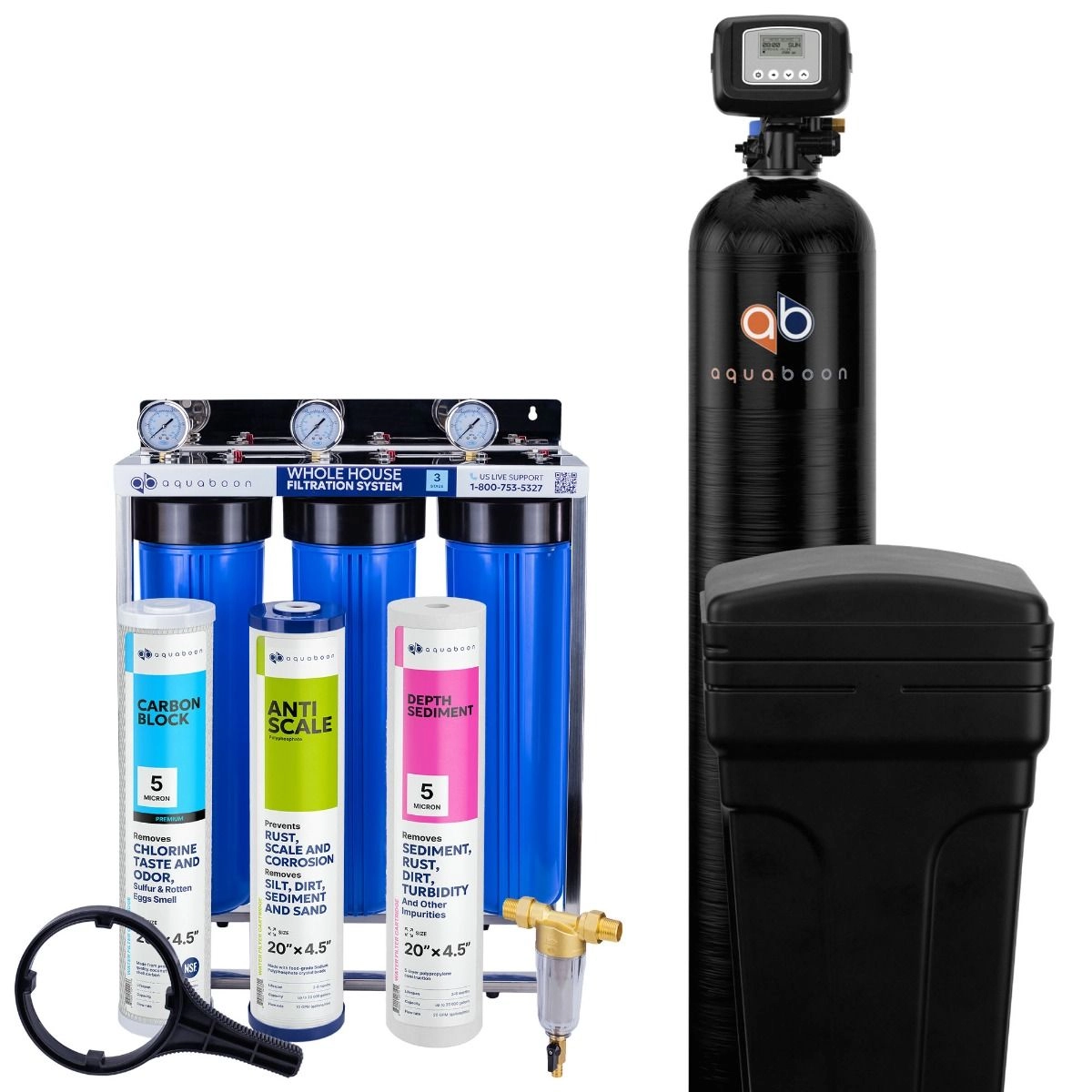 Promo set includes: 3-Stage 20 inch water filtration system, 50 micron pre-filter, 48000 grain water softener
