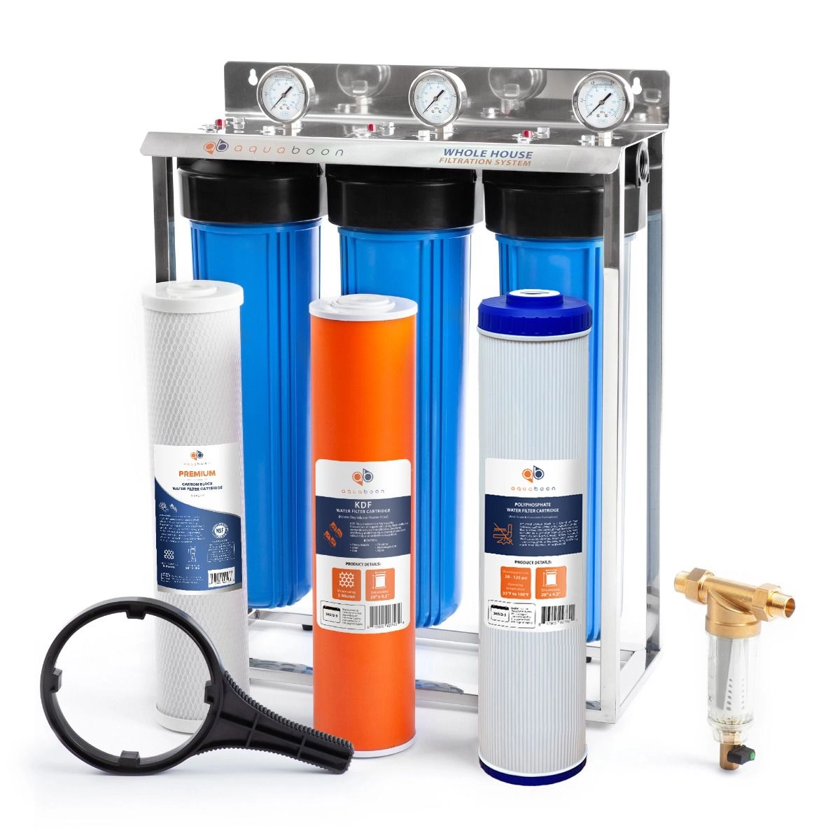 Aquaboon Whole House 3-Stage 20" Water Filtration System For Iron & Manganese Filtration (Carbon, Anti Scale, KDF), Stainless Steel Stand