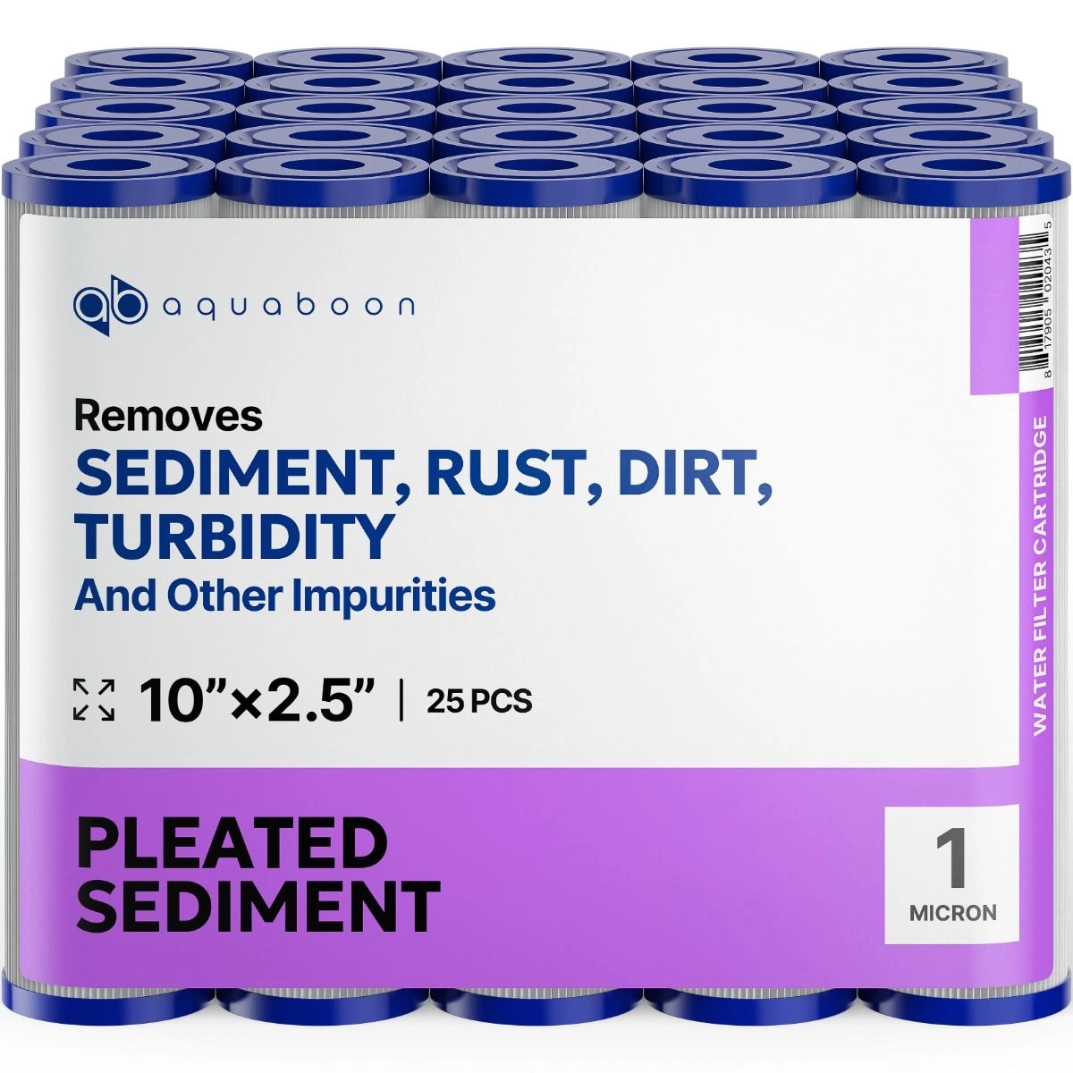 25 Pack Of Aquaboon 1 Micron 10 x 2.5 Inch Pleated Sediment Water Filter Cartridge SKU: AB-25PL1M