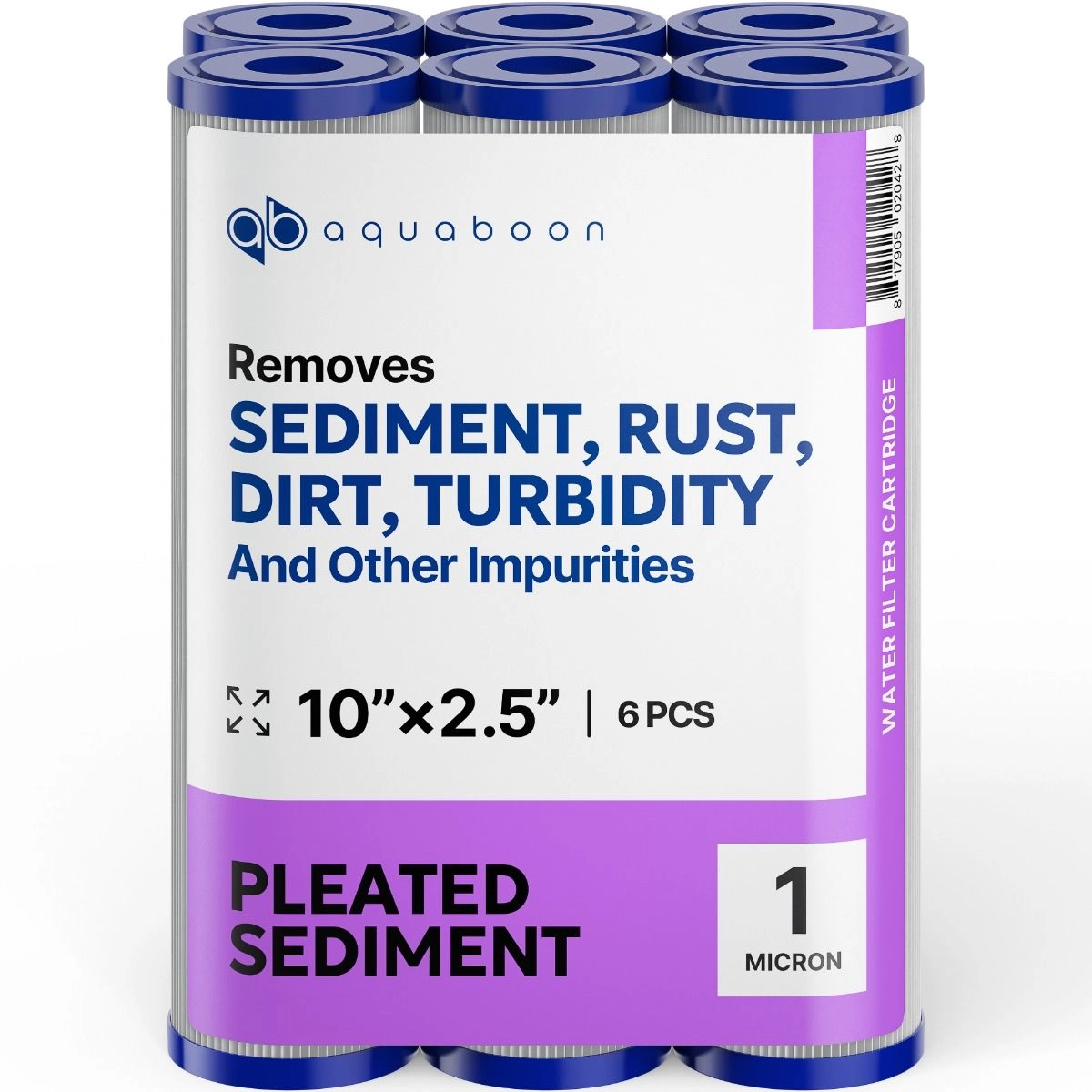 6 Pack Of Aquaboon 1 Micron 10 x 2.5 Inch Pleated Sediment Water Filter Cartridge SKU: AB-6PL1M