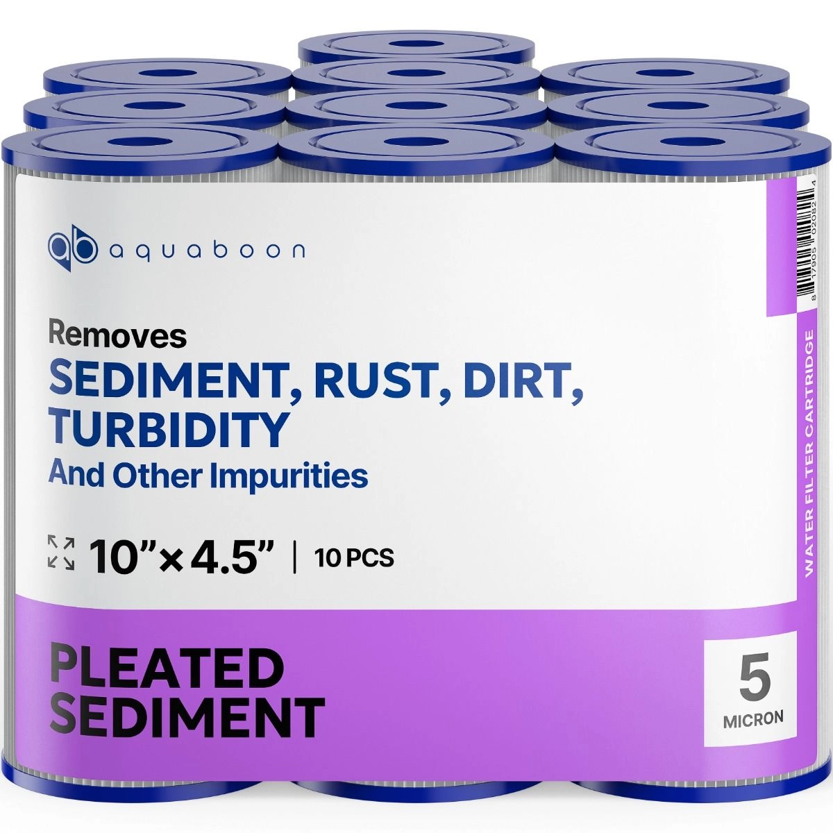 10 Pack Of Aquaboon 5 Micron 10 x 4.5 Inch Pleated Sediment Water Filter Cartridge SKU: AB-10PL10BB5M