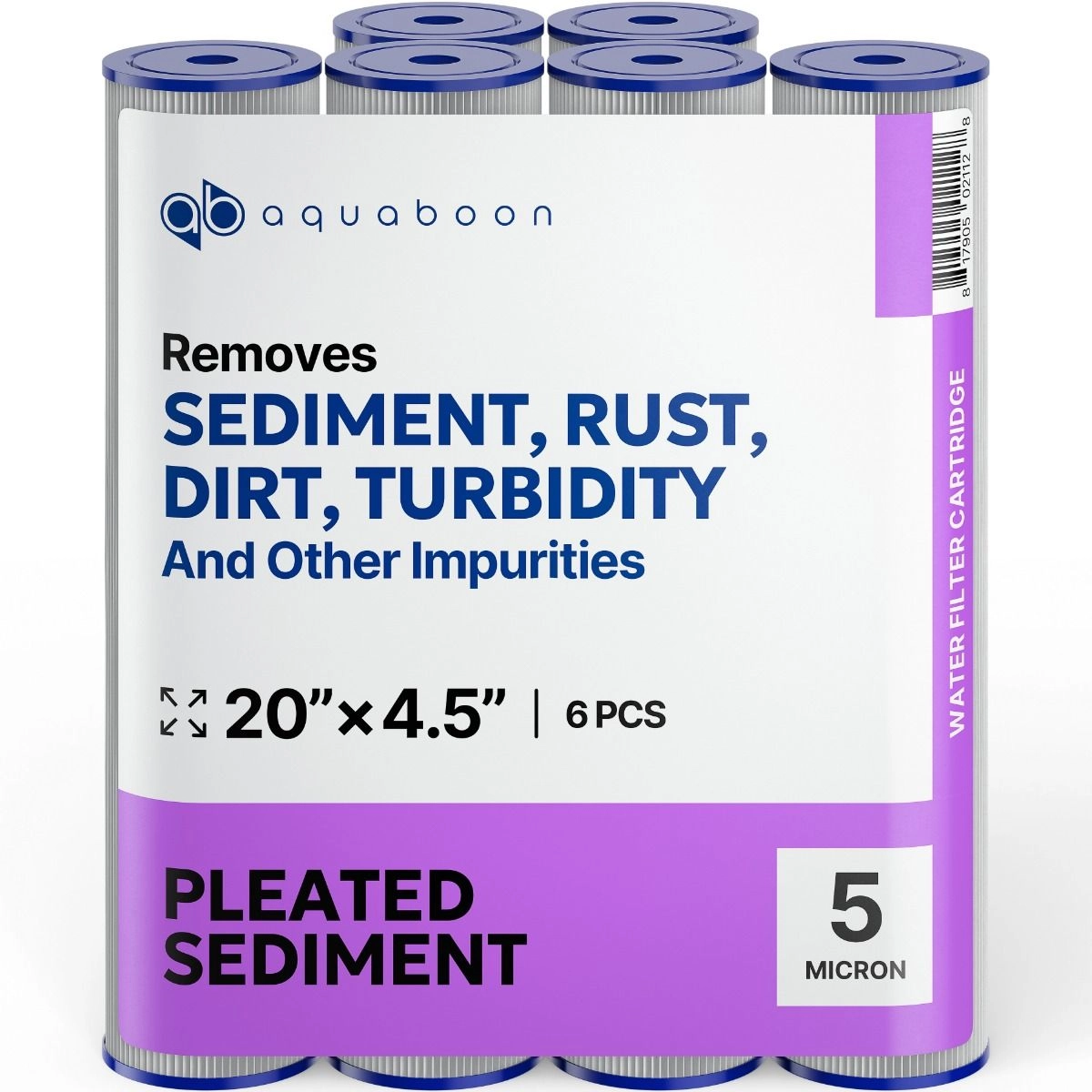 6 Pack Of Aquaboon 5 Micron 20 x 4.5 Inch Pleated Sediment Water Filter Cartridge SKU: AB-6PL20BB5M