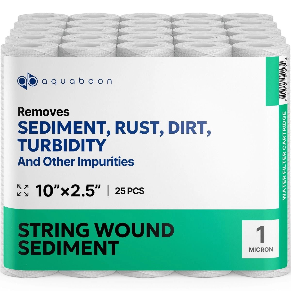 25 Pack Of Aquaboon 1 Micron 10 x 2.5 Inch String Wound Sediment Water Filter Cartridge SKU: AB-25SW1M