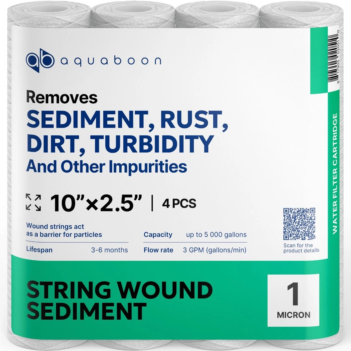 4 Pack Of Aquaboon 1 Micron 10 x 2.5 Inch String Wound Sediment Water Filter Cartridge SKU: AB-4SW1M