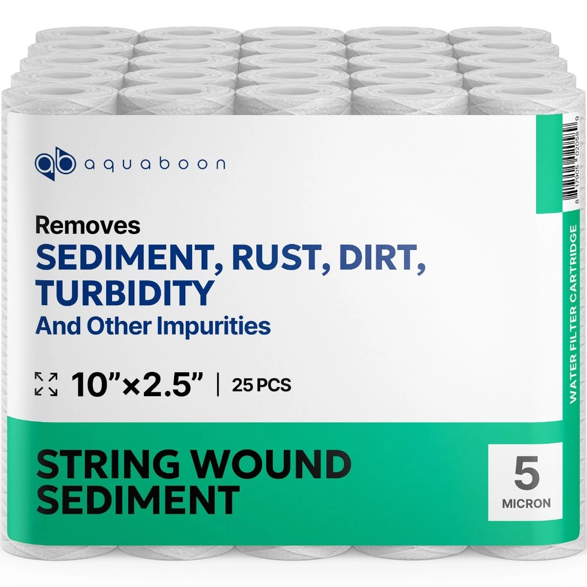 25 Pack Of Aquaboon 5 micron 10 x 2.5 Inch String Wound Sediment Water Filter Cartridge SKU: AB-25SW5M
