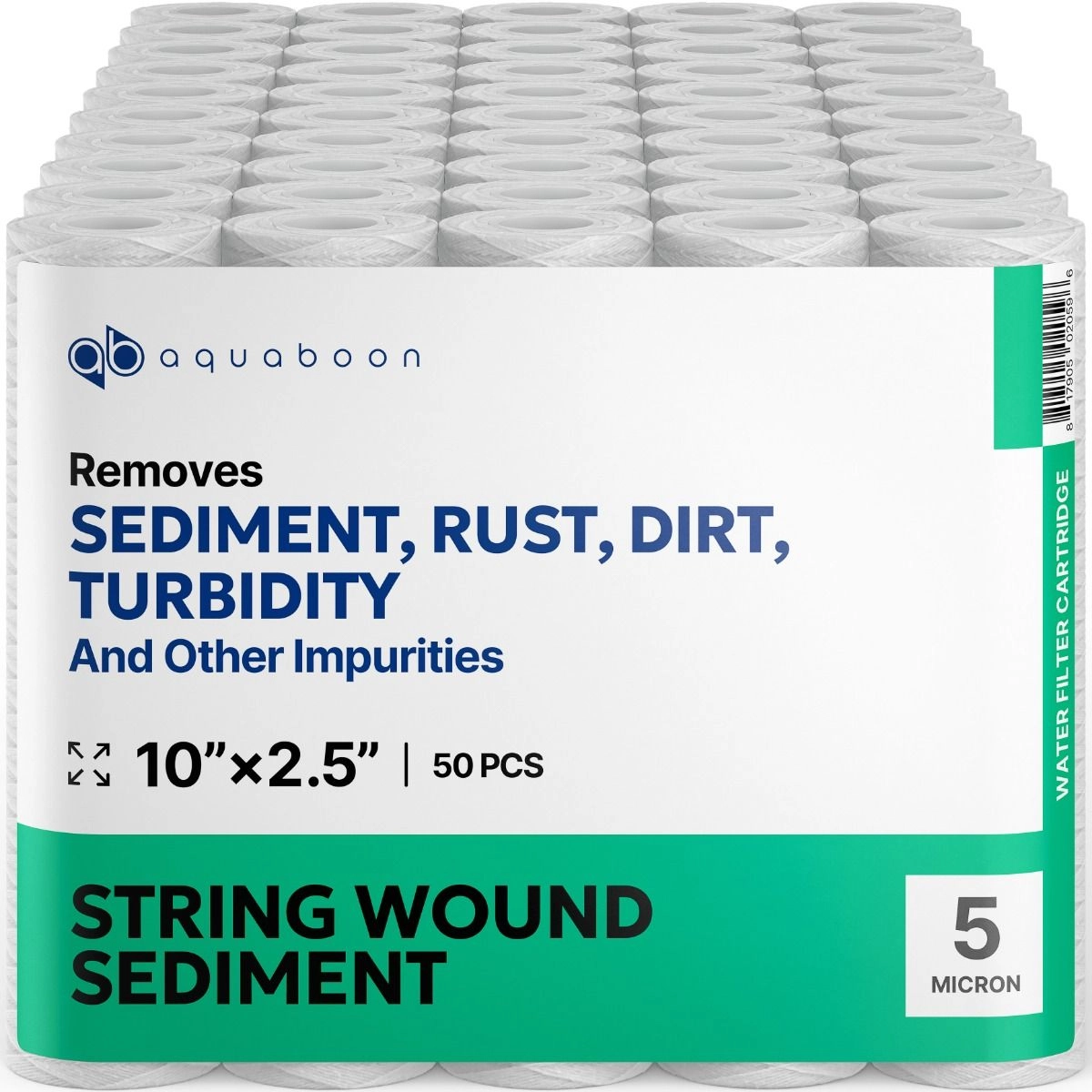 50 Pack Of Aquaboon 5 micron 10 x 2.5 Inch String Wound Sediment Water Filter Cartridge SKU: AB-50SW5M