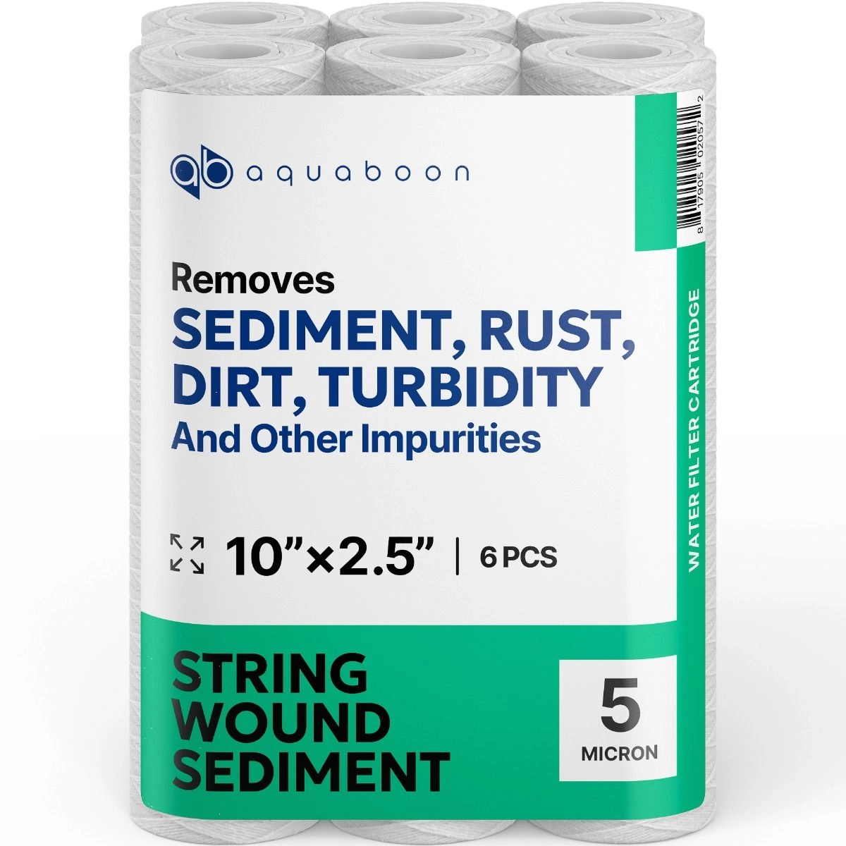 6 Pack Of Aquaboon 5 micron 10 x 2.5 Inch String Wound Sediment Water Filter Cartridge SKU: AB-6SW5M