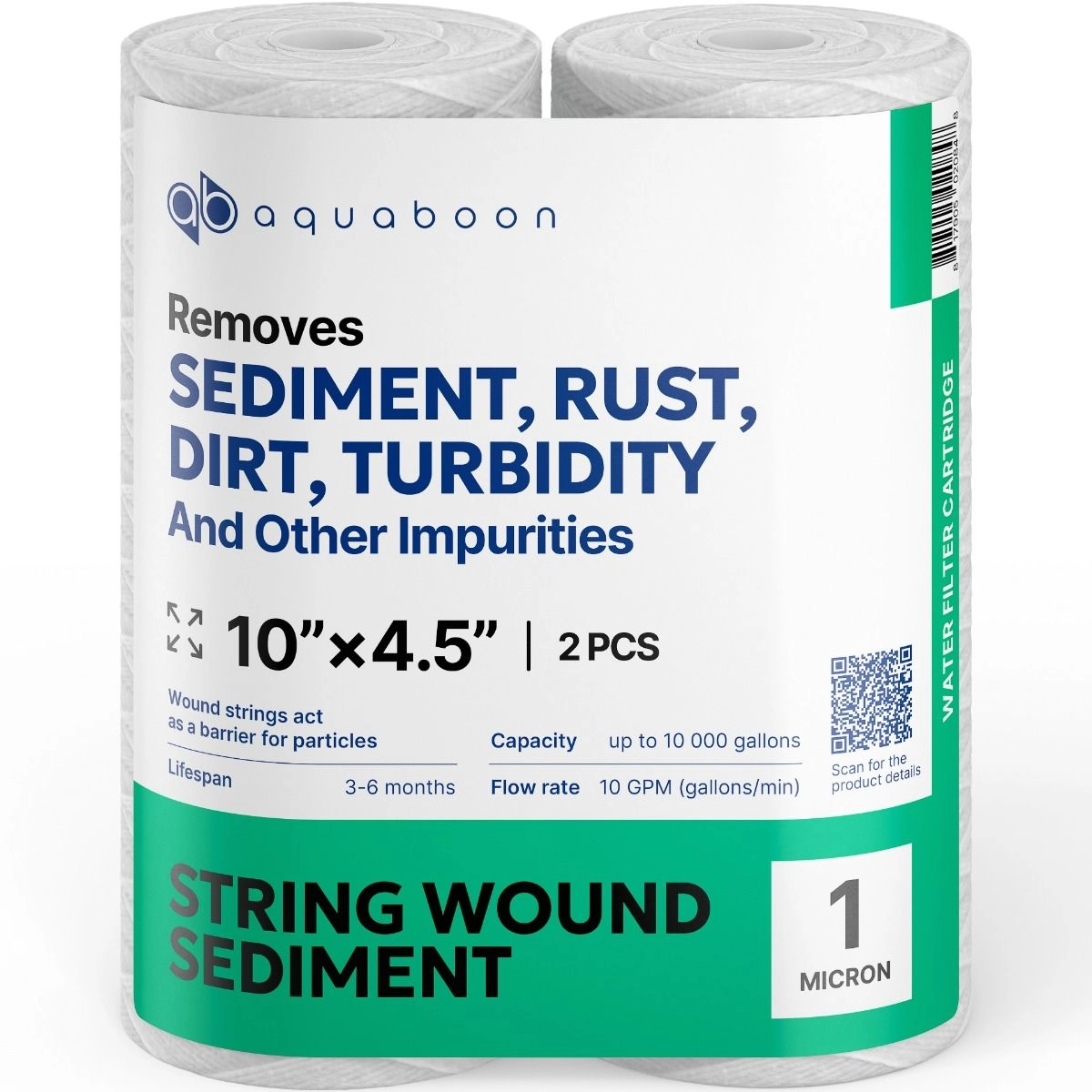 2 Pack Of Aquaboon 1 Micron 10 x 4.5 Inch String Wound Sediment Water Filter Cartridge SKU: AB-2SW10BB1M