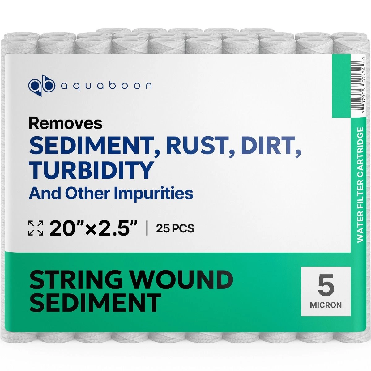 25 Pack Of Aquaboon 5 Micron 20 x 2.5 Inch String Wound Sediment Water Filter Cartridge SKU: AB-25SW205M