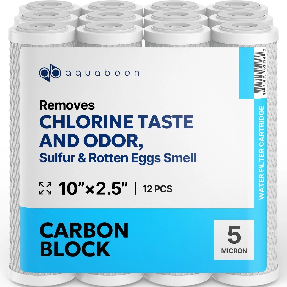 12 Pack Of Aquaboon 5 Micron 10 x 2.5 Inch. Carbon block Water Filter Cartridge SKU: AB-12C5M
