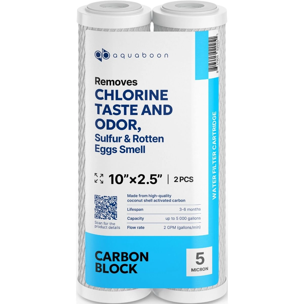 2 Pack Of Aquaboon 5 Micron 10 x 2.5 Inch. Carbon block Water Filter Cartridge SKU: AB-2C5M