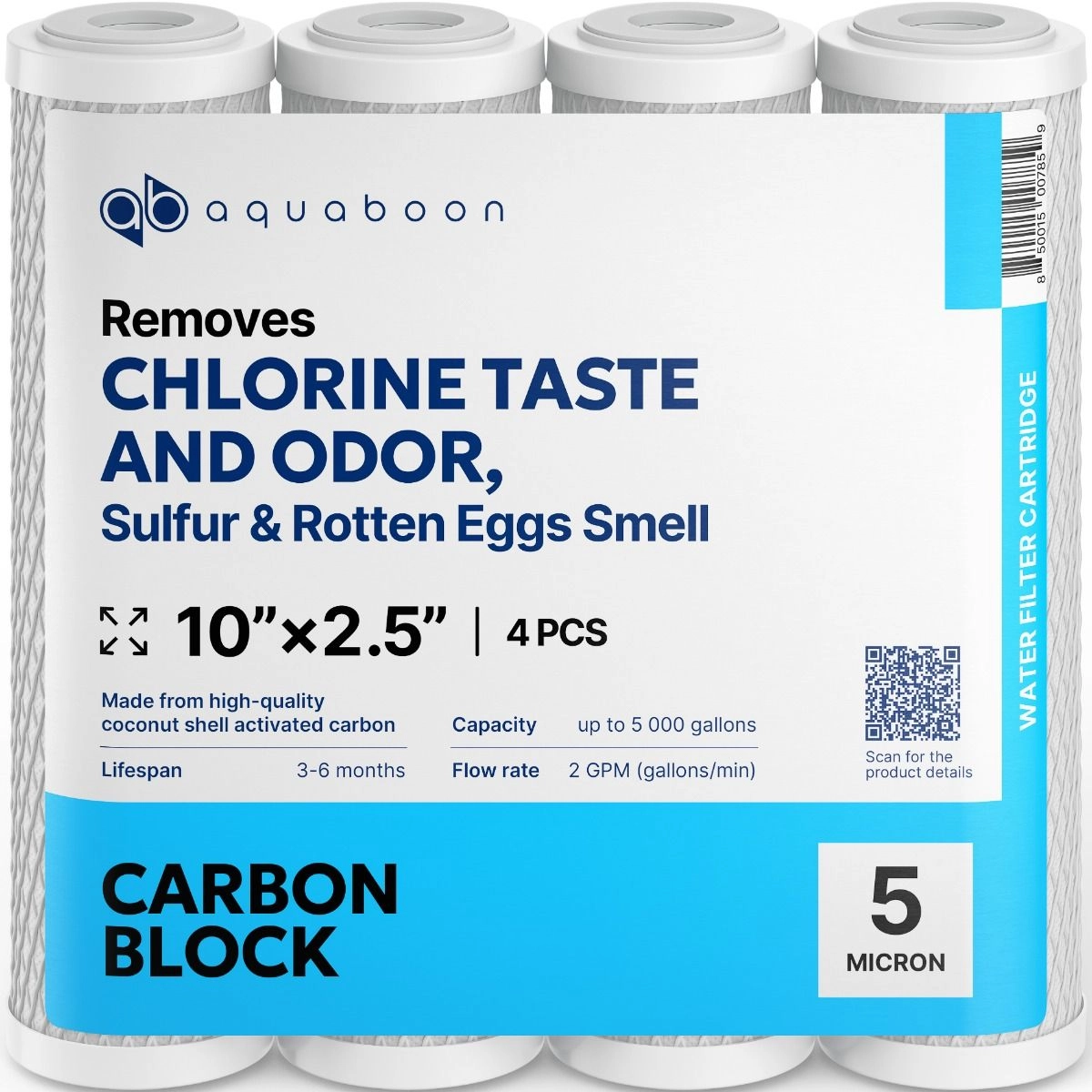 4 Pack Of Aquaboon 5 Micron 10 x 2.5 Inch. Carbon block Water Filter Cartridge SKU: AB-4C5M