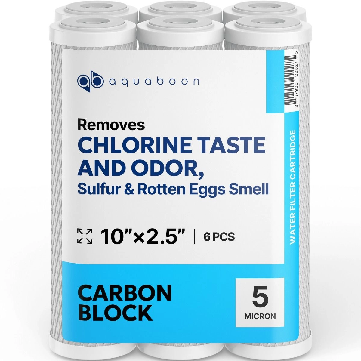 6 Pack Of Aquaboon 5 Micron 10 x 2.5 Inch. Carbon block Water Filter Cartridge SKU: AB-6C5M