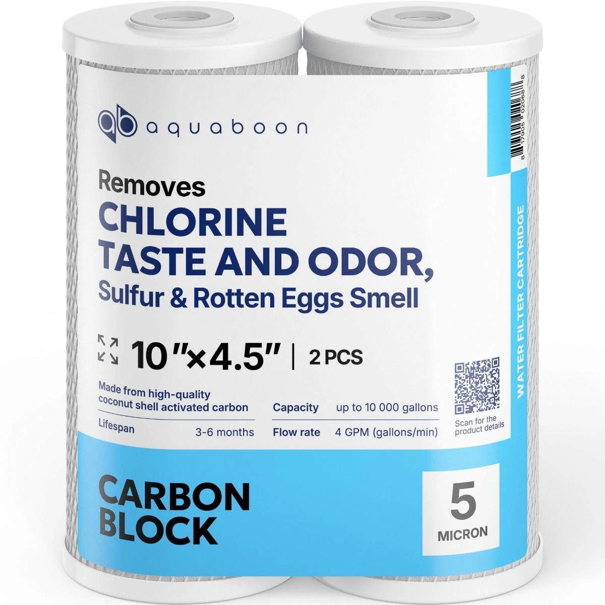 2 Pack Of Aquaboon 5 Micron 10 x 4.5 Inch. Carbon block Water Filter Cartridge SKU: AB-2C10BB5M