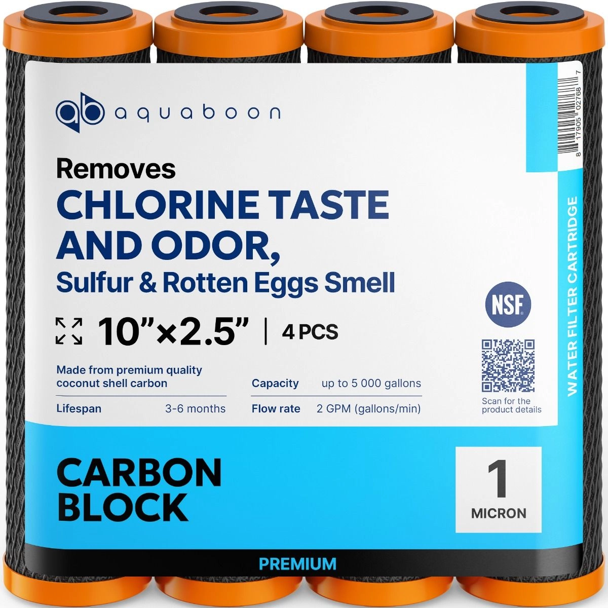 4 Pack Of Premium Aquaboon 1 Micron 10 x 2.5 Inch. Carbon block Water Filter Cartridge