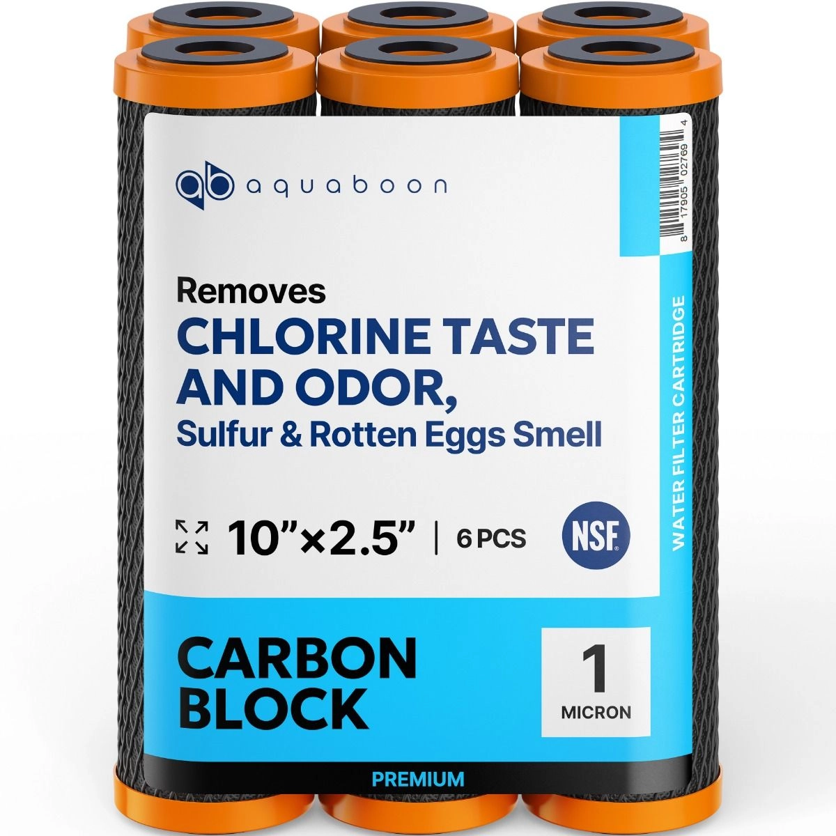6 Pack Of Premium Aquaboon 1 Micron 10 x 2.5 Inch. Carbon block Water Filter Cartridge