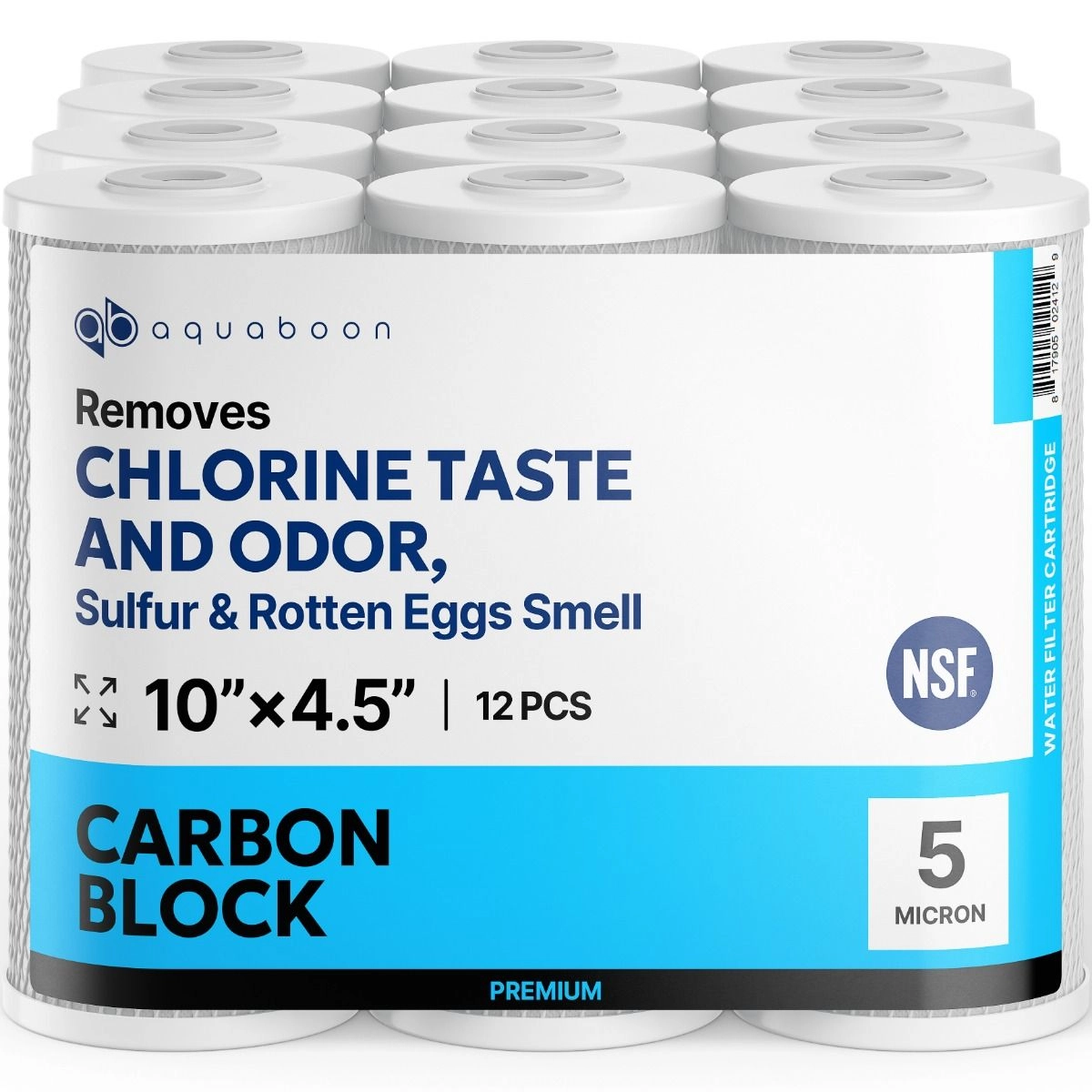 12 Pack Of Premium Aquaboon 5 Micron 10 x 4.5 Inch. Carbon block Water Filter Cartridge