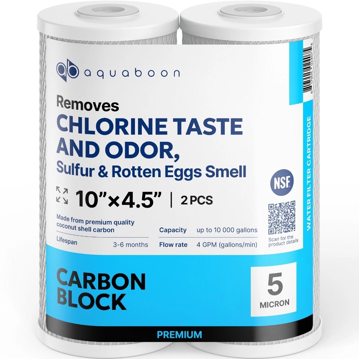 2 Pack Of Premium Aquaboon 5 Micron 10 x 4.5 Inch. Carbon block Water Filter Cartridge
