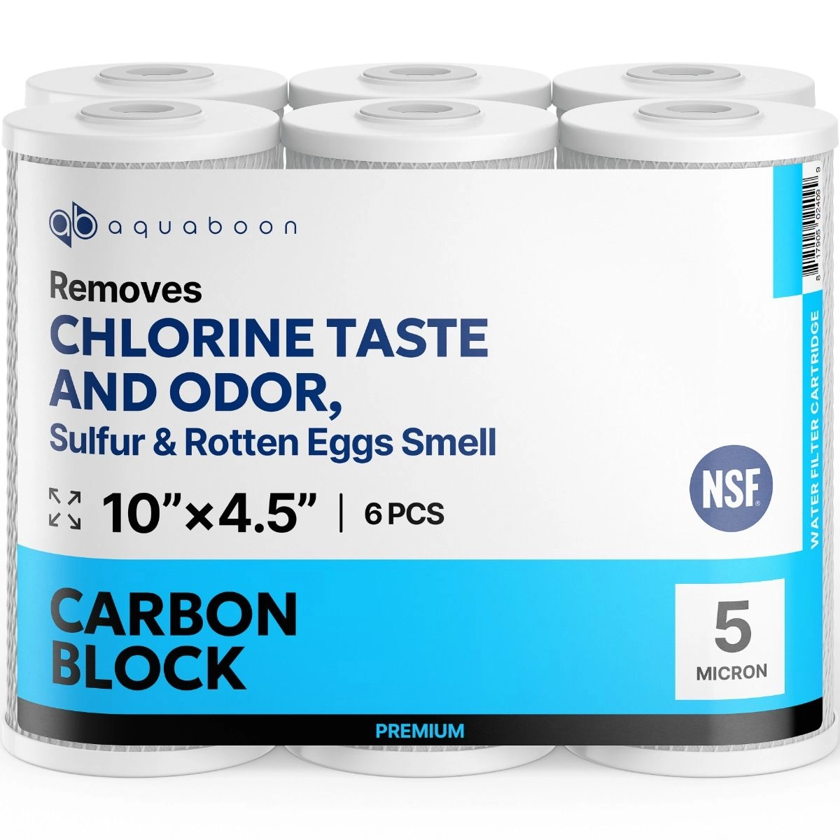 6 Pack Of Premium Aquaboon 5 Micron 10 x 4.5 Inch. Carbon block Water Filter Cartridge