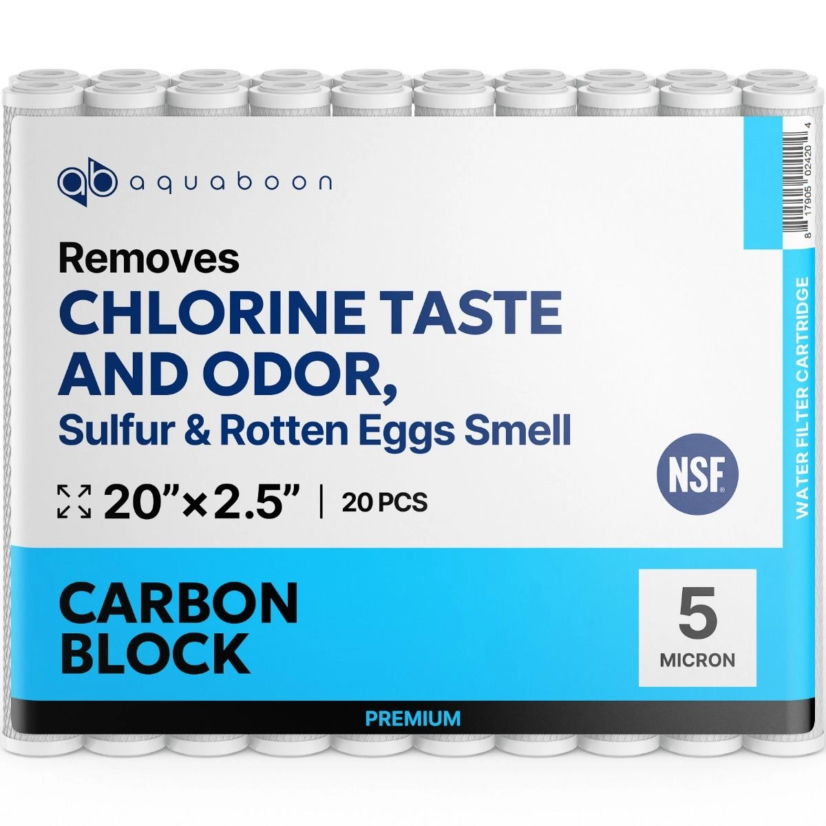 20 Pack Of Premium Aquaboon 5 Micron 20 x 2.5 Inch. Carbon block Water Filter Cartridge