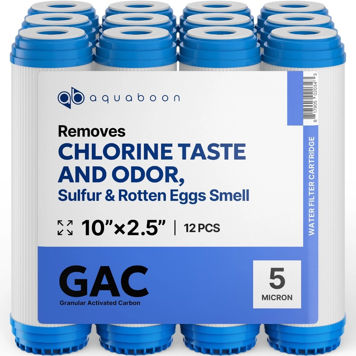 12 Pack Of Aquaboon 5 Micron 10 x 2.5 Inch. GAC Water Filter Cartridge