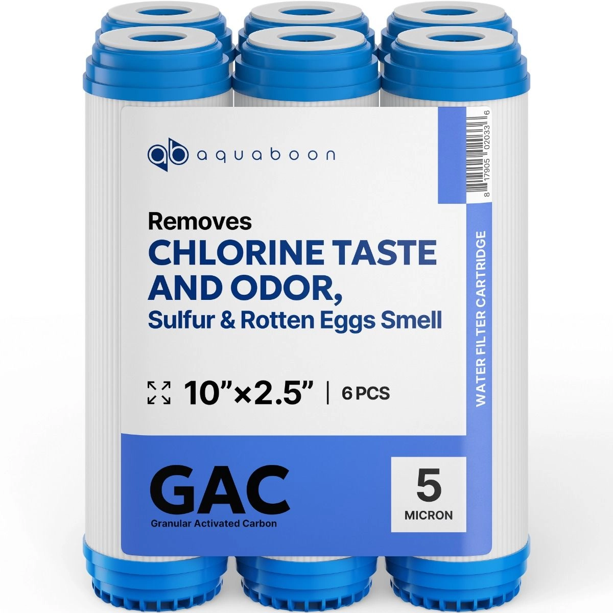 6 Pack Of Aquaboon 5 Micron 10 x 2.5 Inch. GAC Water Filter Cartridge
