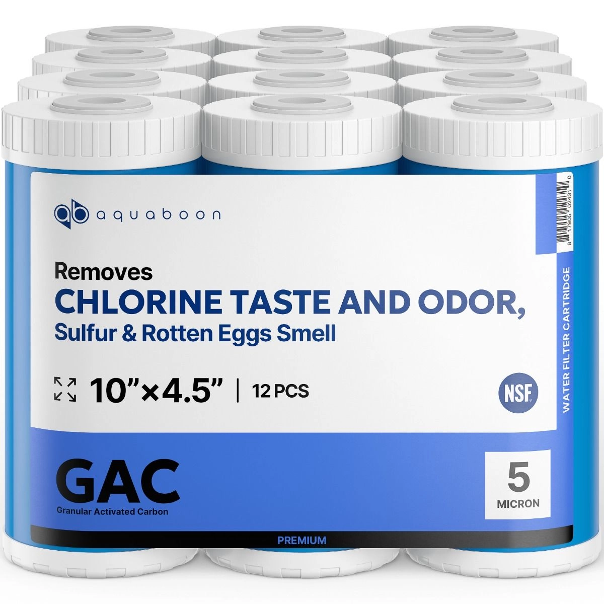 12 Pack Of Premium Aquaboon 5 Micron 10 x 4.5 Inch. GAC Water Filter Cartridge ABP-12G10BB5M