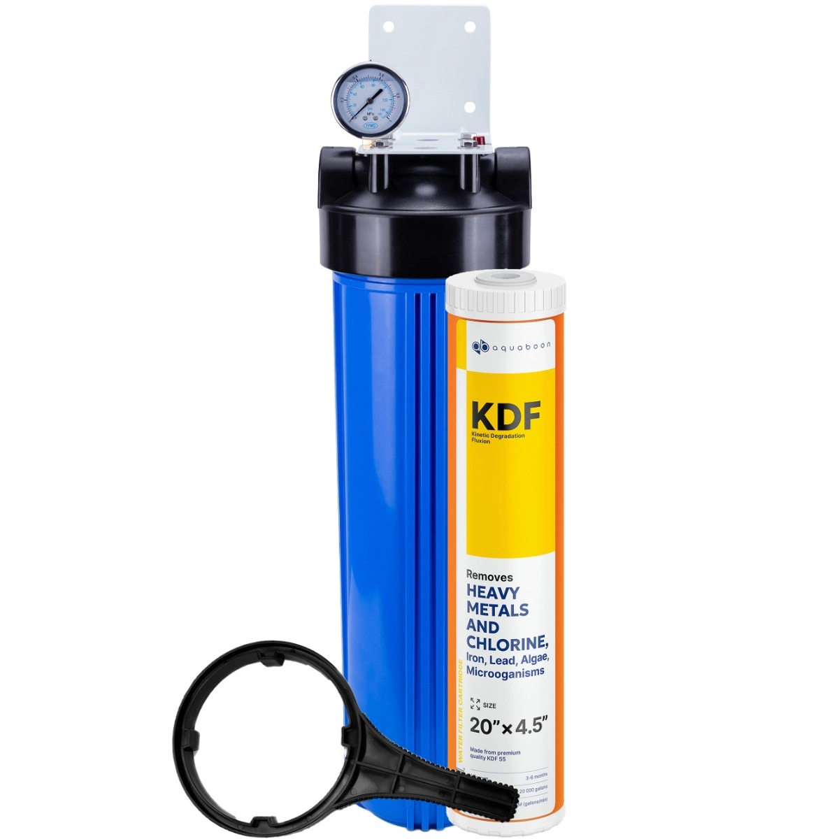 1-Stage 20" Whole House Water Filtration System by Aquaboon For Heavy Metals Filtration White-Coated Iron Wall-Mount Bracket SKU: AB-WH20BB-1K20BB