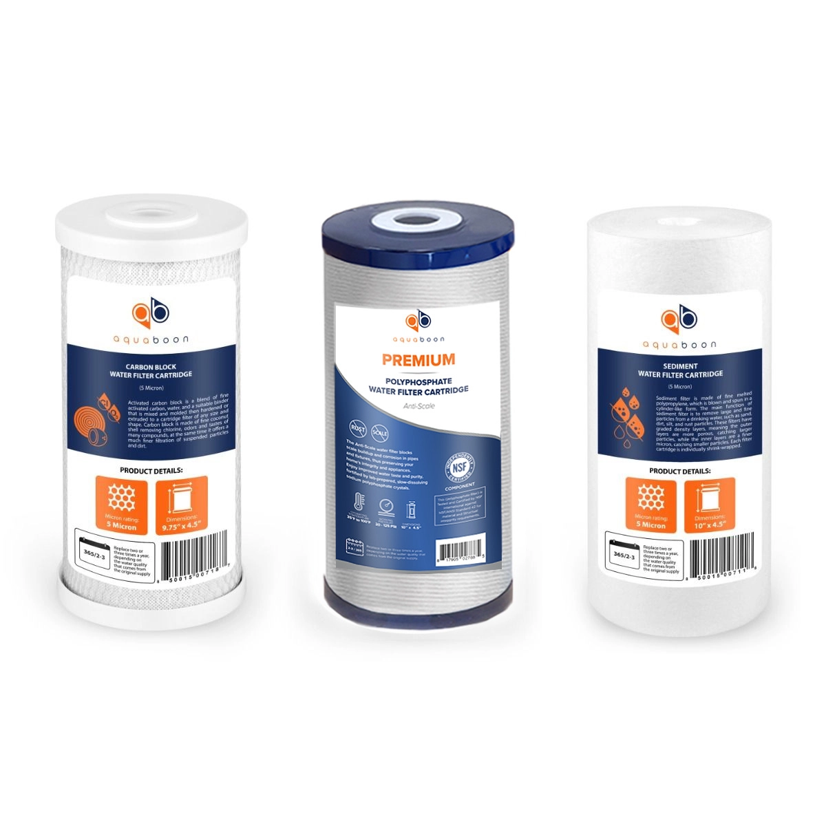 Aquaboon 5 Micron 10" x 4.5" CTO Carbon Block, Polyphosphate Anti Scale & Sediment Replacement Filter Cartridges Set (3 PCS)