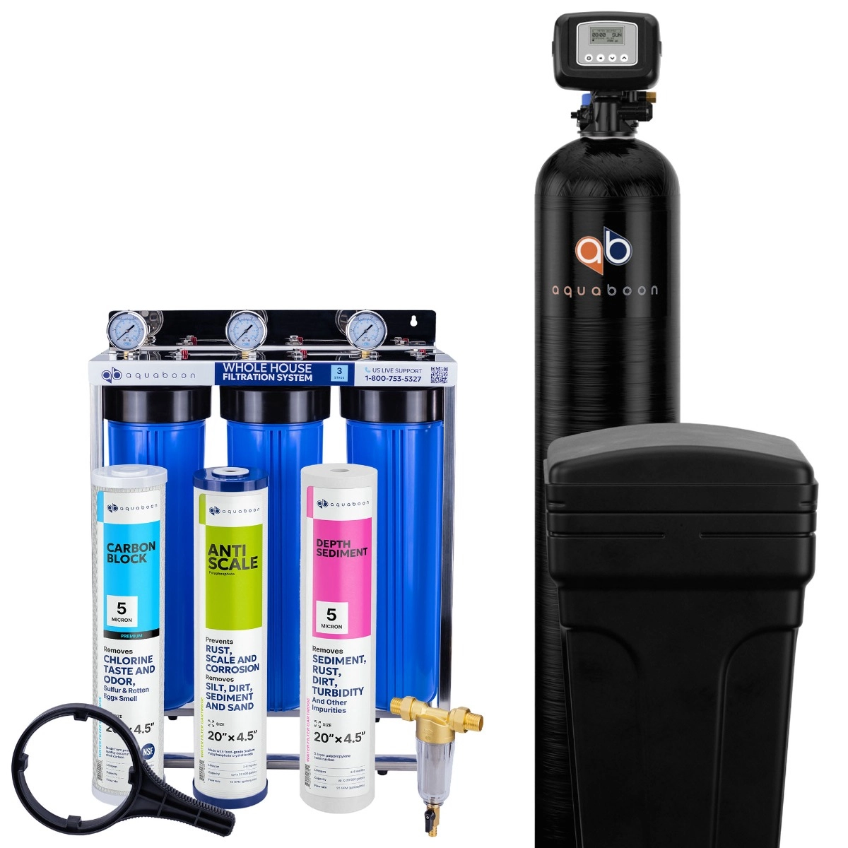 Promo set includes: 3-Stage 20 inch water filtration system, 50 micron pre-filter, 48000 grain water softener