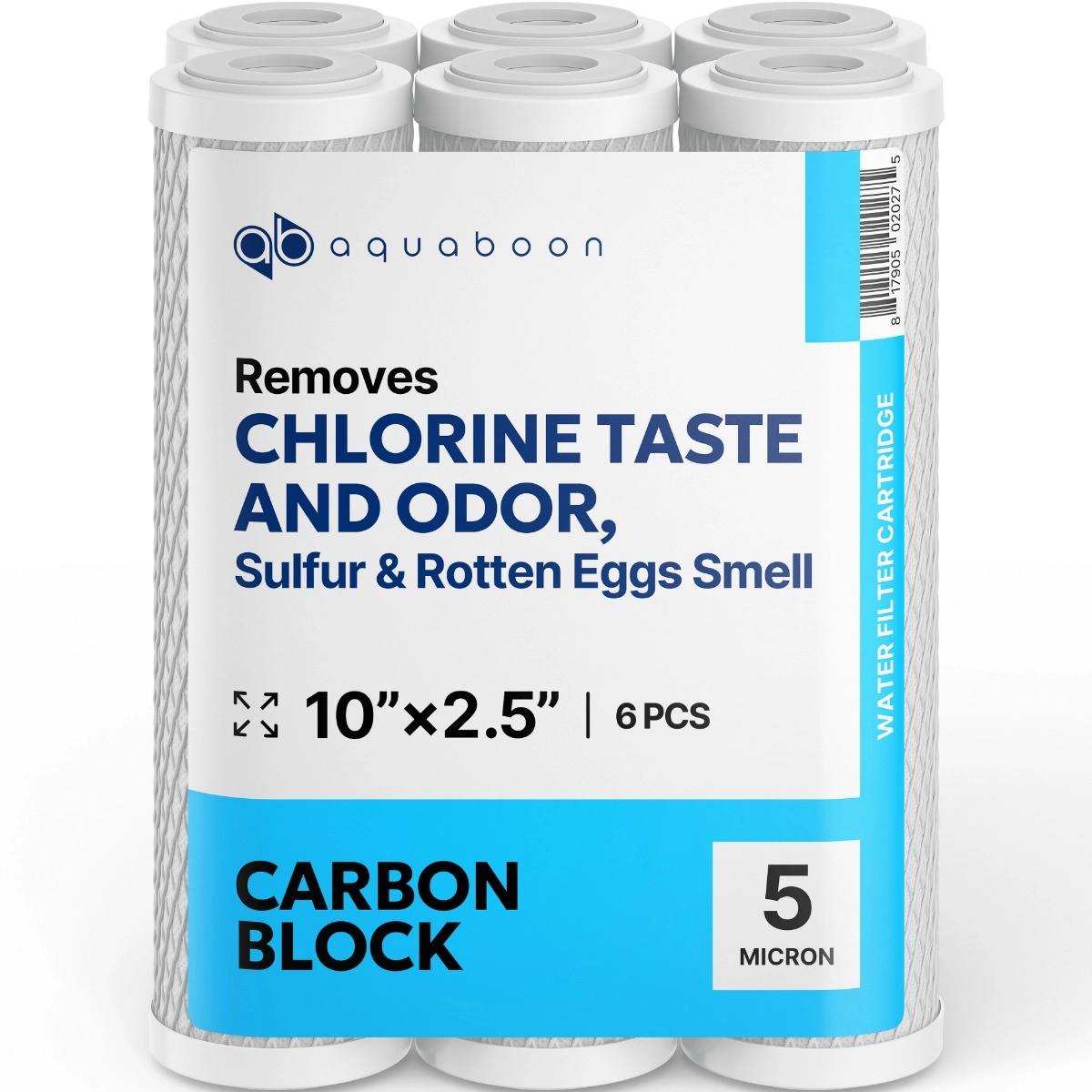 6 Pack Of Aquaboon 5 Micron 10 x 2.5 Inch. Carbon block Water Filter Cartridge SKU: AB-6C5M